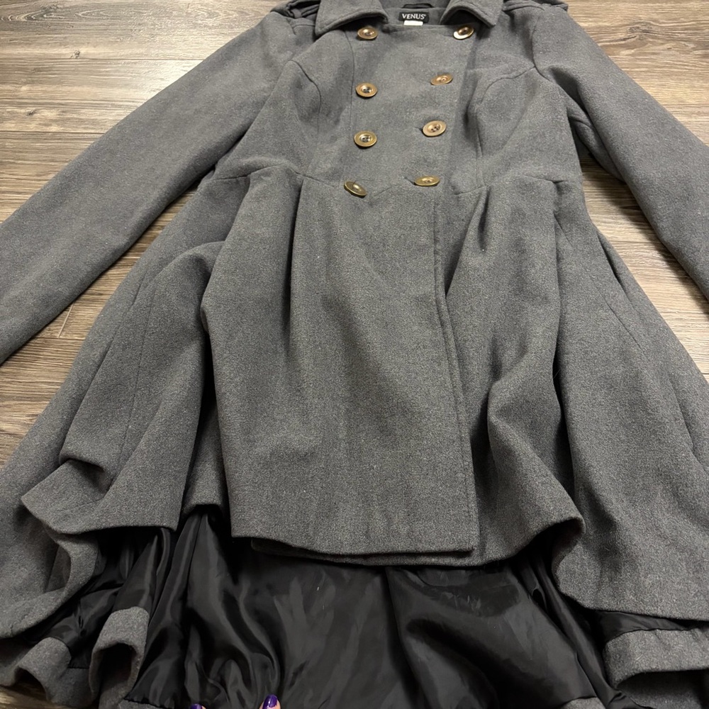 Y2K Vintage Venus Ruffle Hem Double Breasted Trench Coat (Charcoal Grey) Size L - Picture 4 of 7
